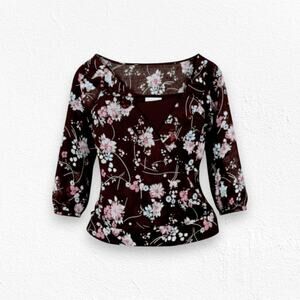 LOFT Brown Floral Cottage Bishop Sleeve V Neck Cropped Wrap Blouse Size 6